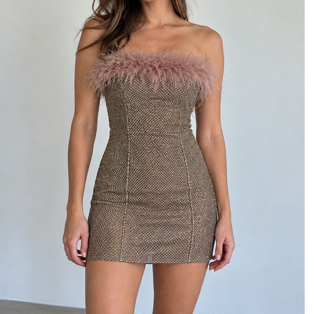 AKIRA rhinestone mesh feather trim strapless mini dress women’s L